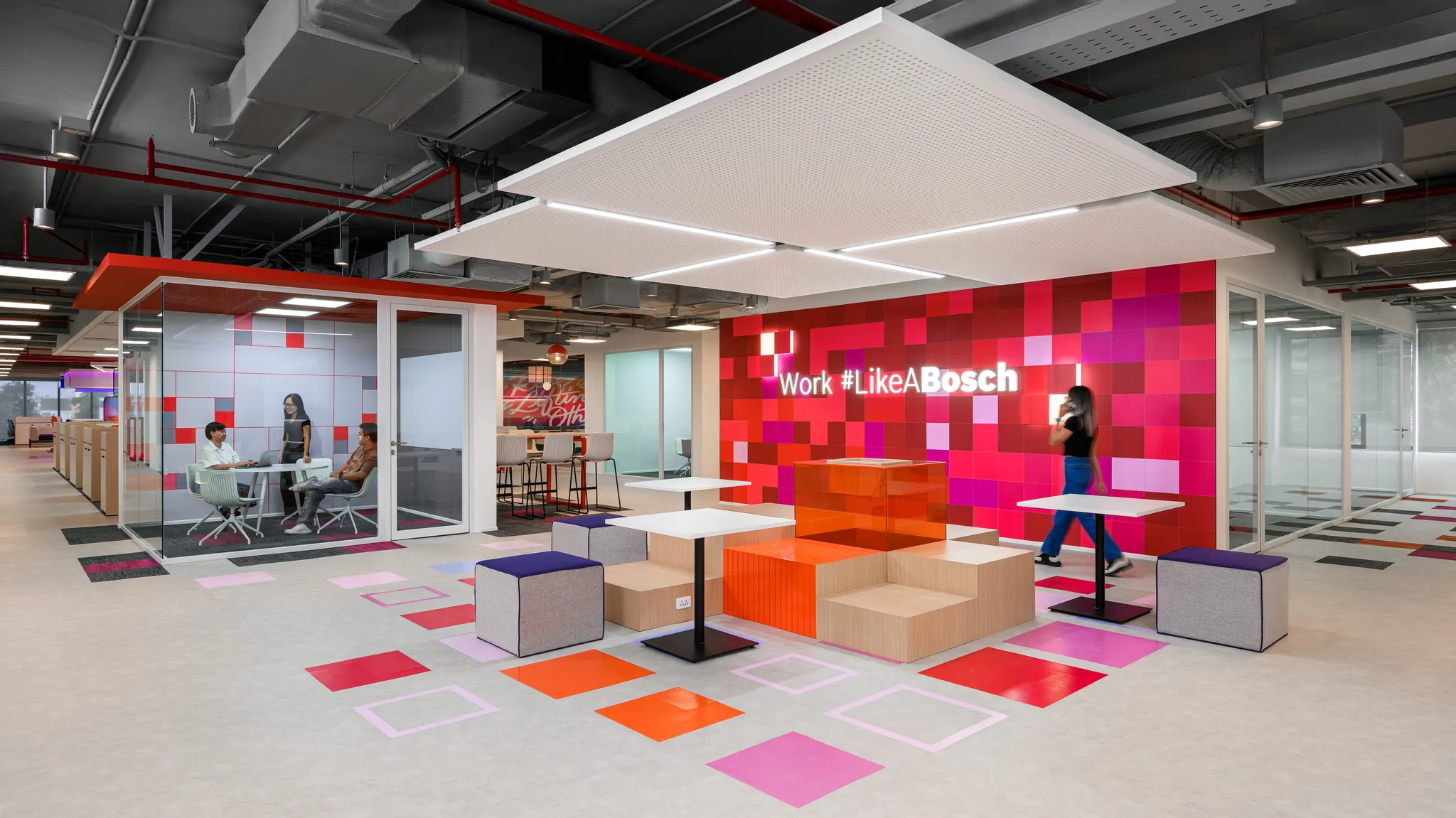 <figcaption>The colors in the Bosch office are strategically planned to reflect the company's image and boost creativity.</figcaption>
